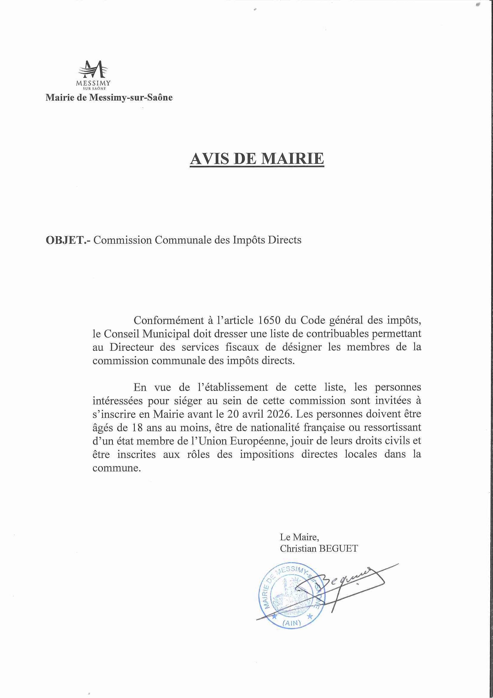 COMMISSION COMMUNALE DES IMPÔTS DIRECTS